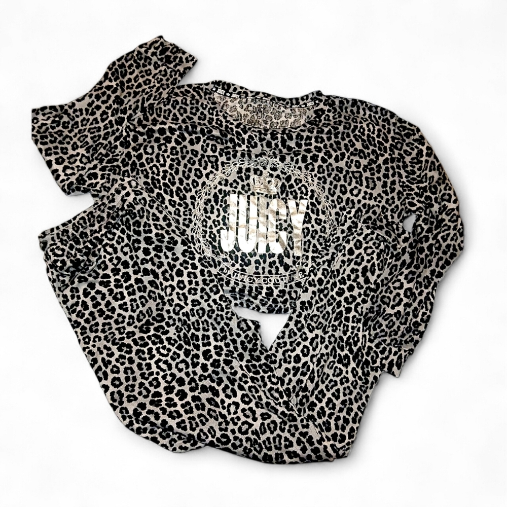Juicy Couture Gray Leopard Print Pajama Set Cropped Long Sleeve & Joggers Large